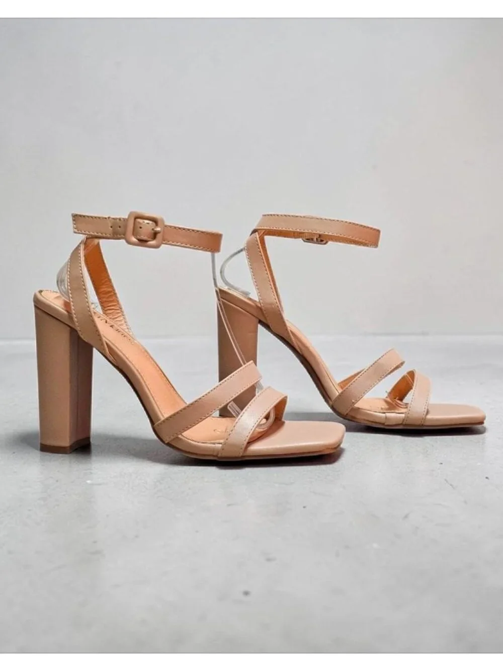 Strappy Nude Block Heel Sandals With Adjustable Ankle Strap - Elegant Design For